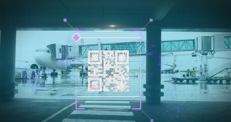 White QR code over fast motion people walking on the airport