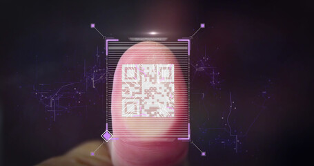 QR code scanner over thumb scanning against glowing tunnel