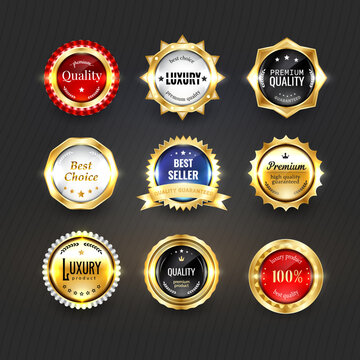 Collection of black top quality badges with gold border