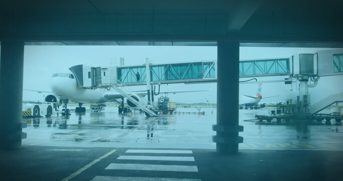 White QR code over fast motion people walking on the airport