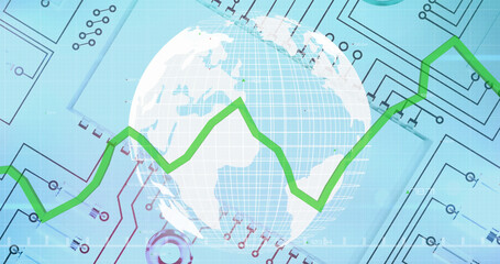 Image of a graph rolling with a globe spinning over a microprocessor blueprint