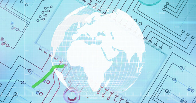 Image of a graph rolling with a globe spinning over a microprocessor blueprint