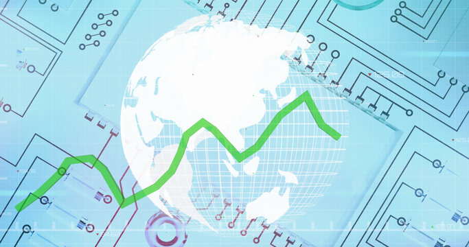 Image of a graph rolling with a globe spinning over a microprocessor blueprint - Powered by Adobe