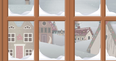 Image of window and snow falling over houses and winter landscape at christmas