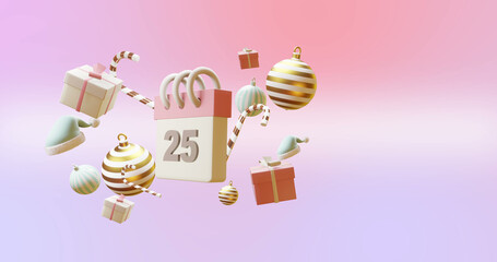 Image of calendar with numer 25 and christmas decorations on pink background