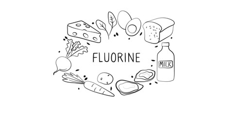 Fluorine-containing food. Groups of healthy products containing vitamins and minerals. Set of fruits, vegetables, meats, fish and dairy