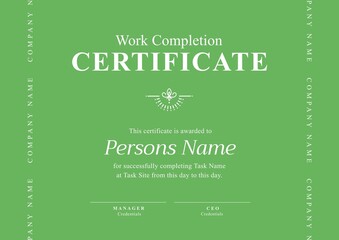 Image of template of work completion certificate on green background