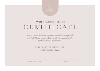 Image of template of work completion certificate on beige background