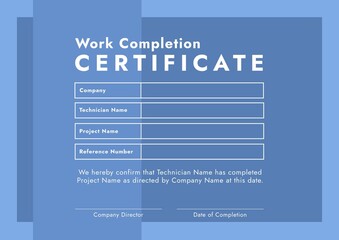 Image of template of work completion certificate on blue background
