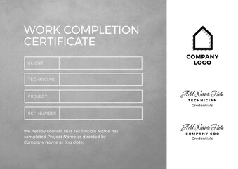 Image of template of work completion certificate on grey and white background