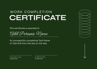 Image of template of work completion certificate on dark green background