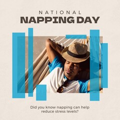 Composition of national napping day text with biracial man sleeping
