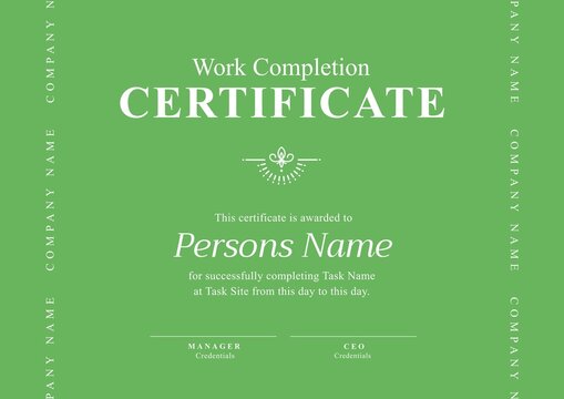 Image of template of work completion certificate on green background
