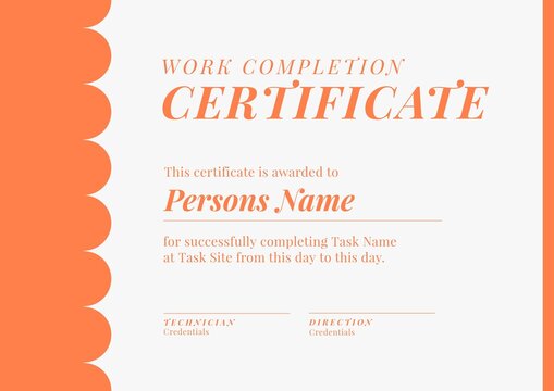 Image of template of work completion certificate on beige and orange background