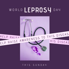 Composition of world leprosy day text with stethoscope, purple ribbon and purple background