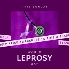 Composition of world leprosy day text with stethoscope, purple ribbon and purple background
