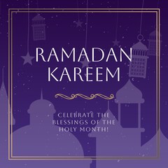 Obraz premium Composition of ramadan kareem text over mosque and crescent moon on purple background