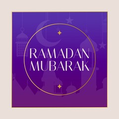 Naklejka premium Composition of ramadan kareem text over mosque and crescent moon on purple background