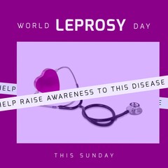 Composition of world leprosy day text with stethoscope, purple heart and purple background
