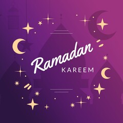 Obraz premium Composition of ramadan kareem text over mosque and crescent moon shapes on purple background