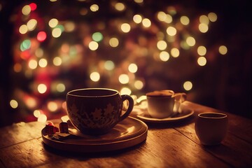 Fototapeta premium Hot coffee in the cafe at Christmas time with beautiful golden bokeh. Generative AI.