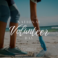 Composition of national volunteer month text over female volunteer on beach