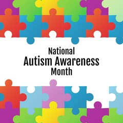Composition of national autism awareness month text and multi colored puzzle pieces