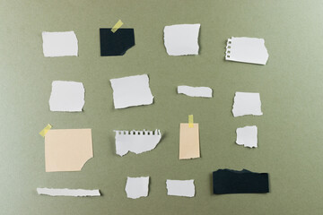 Ripped up pieces of black and white paper with copy space on green background