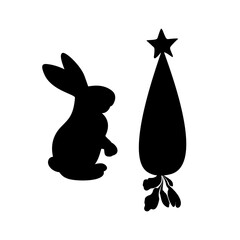 The silhouette of a rabbit and a carrot is black.The symbol of 2023.Elements of New Year's design.Vector illustration.