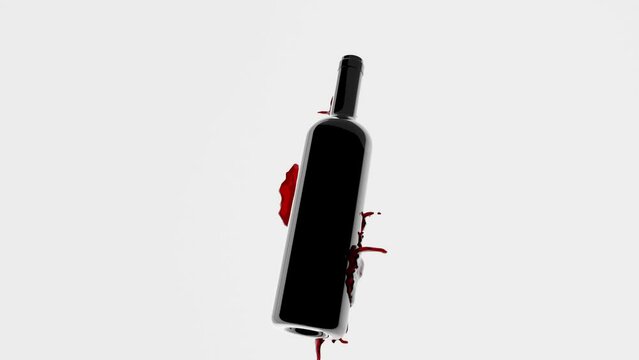 bottle in splash of red wine on white background. Slow motion 3d rendered animation.