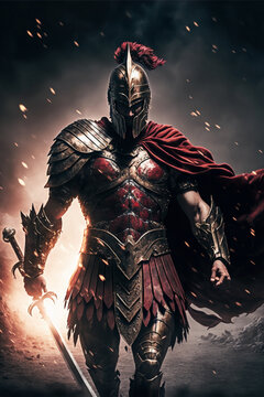 A Spartan warrior with a sword in hand, raging, standing on a battlefield, fighting against an army, dark red detailed armour, lightning, hyper realistic, ultra hd, 8k,detailed, 3D, anti-aliasing, cin