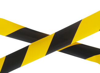 Black and yellow lines of barrier tape prohibit traffic. Warning tape. Danger unsafe area warning...