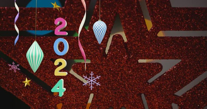Animation of 2024 text and christmas decorations in background