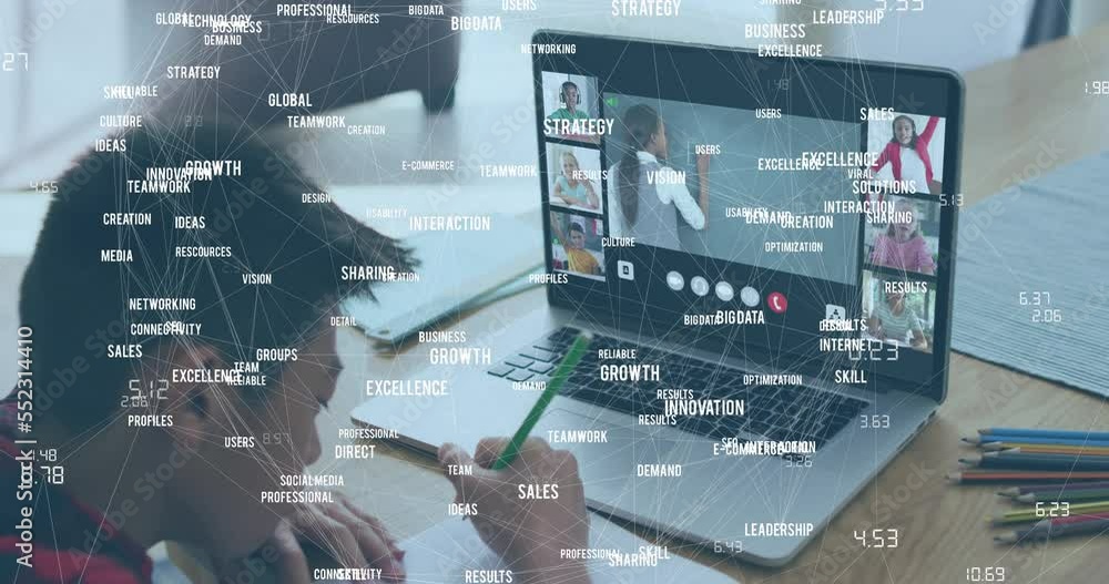 Poster animation of network of icons and data processing over schoolboy and online schooling on laptop
