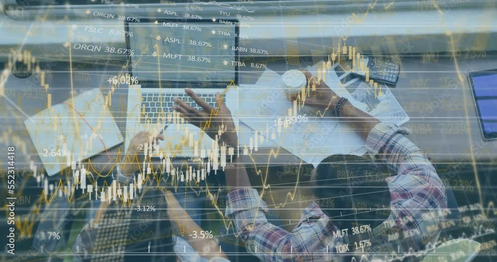 Poster animation of statistics and data processing over business people
