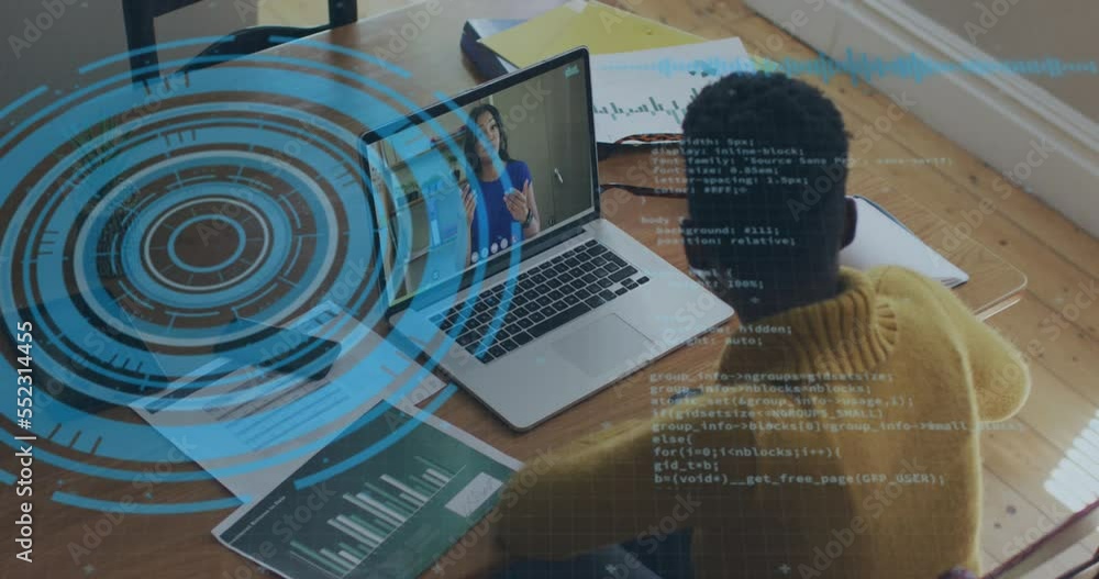 Aufkleber animation of scope and data processing over diverse business people having video call