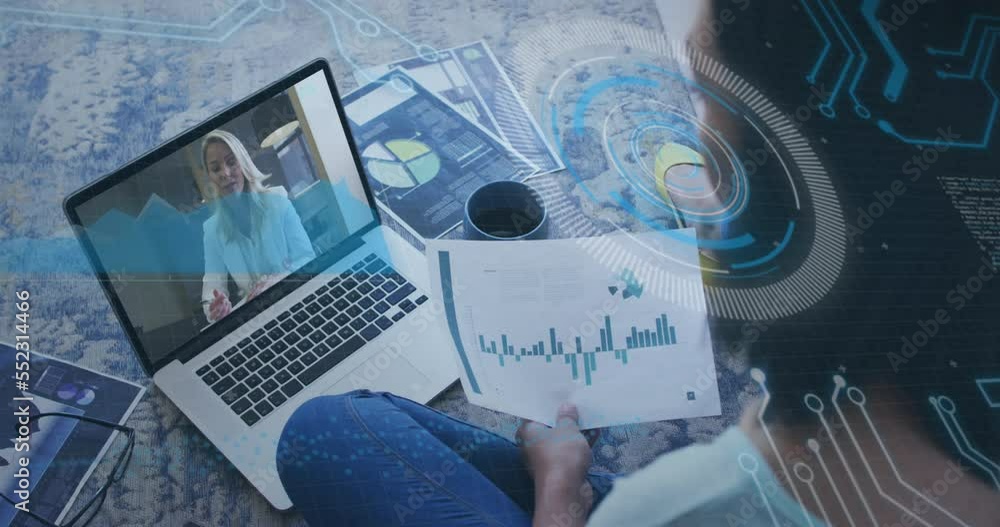 Poster animation of statistics and data processing over diverse business people having video call