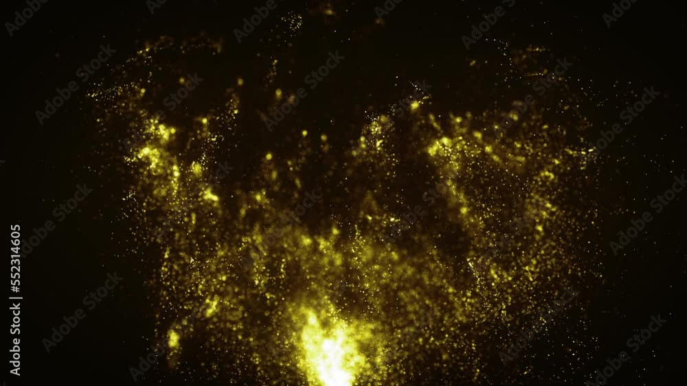 Poster abstract gold particles rising background/ 4k animation of an abstract 3d rendered background of bur