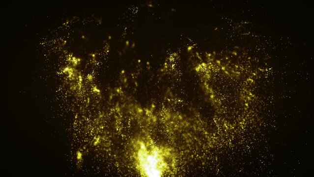 Abstract Gold Particles Rising Background/ 4k animation of an abstract 3d rendered background of bursting gold particles scenery slowly spinning with depth of field and glow shining effect