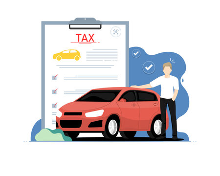 Personal car tax concept, Human standing with personal car, digital marketing illustration.