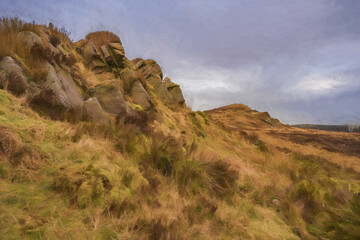 Digital painting of bleak winter panoramic view of Baldstone, and Gib Torr in the Peak District National Park.
