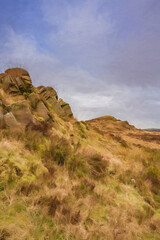 Digital painting of bleak winter panoramic view of Baldstone, and Gib Torr in the Peak District National Park.