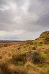 Fototapeta na wymiar Digital painting of bleak winter panoramic view of Baldstone, and Gib Torr in the Peak District National Park.