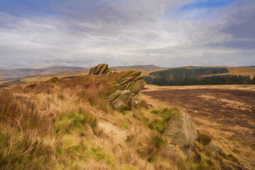 Obraz premium Digital painting of bleak winter panoramic view of Baldstone, and Gib Torr in the Peak District National Park.