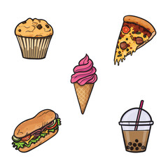 fast food set cartoon. Hand drawn vector illustration