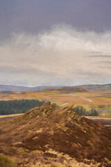 Digital painting of bleak winter panoramic view of Baldstone, and Gib Torr in the Peak District National Park.