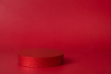 Mock up glitter red podium stage or pedestal on red background. Decorations for your products
