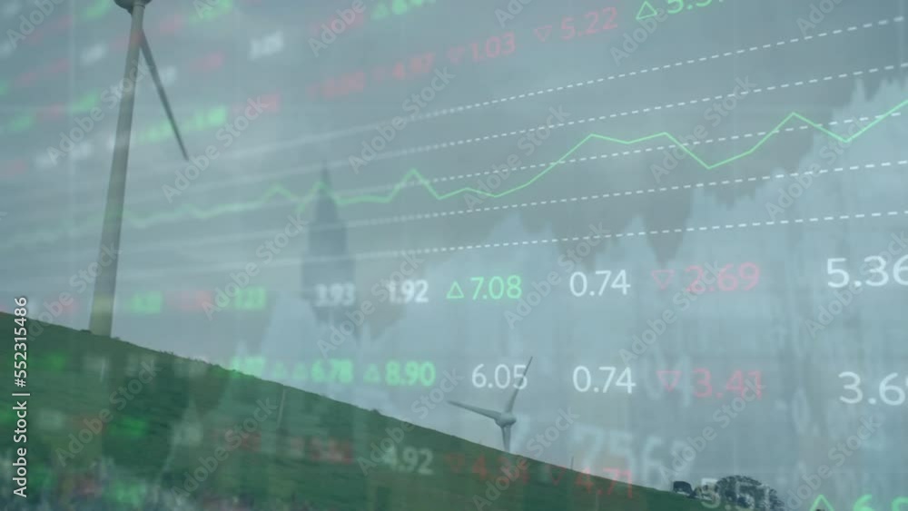 Poster animation of financial data processing over wind turbine