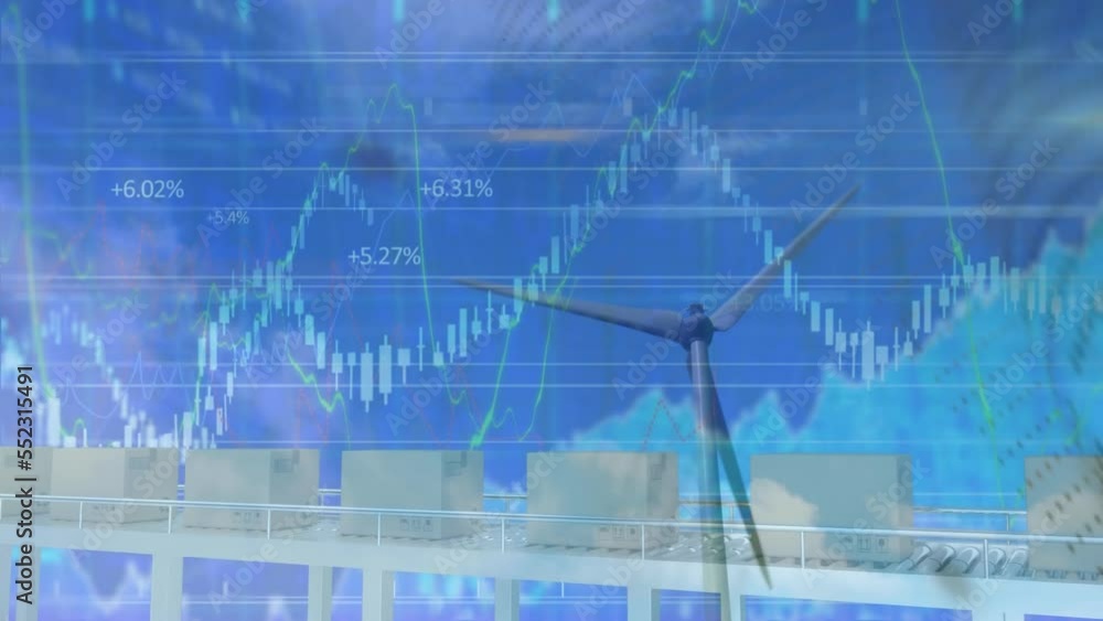 Aufkleber animation of financial data processing and boxes over wind turbine