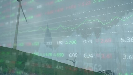 Animation of financial data processing over wind turbine - Powered by Adobe